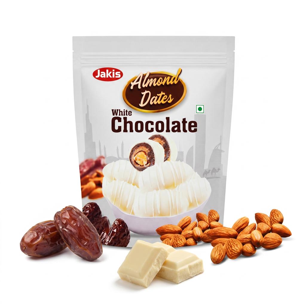 Jakis Premium Quality Almond Date Chocolate covered with white chocolate 300 grams